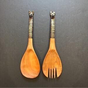 African Hand Carved Wooden Zebra Serving Spoons, Two Piece Set